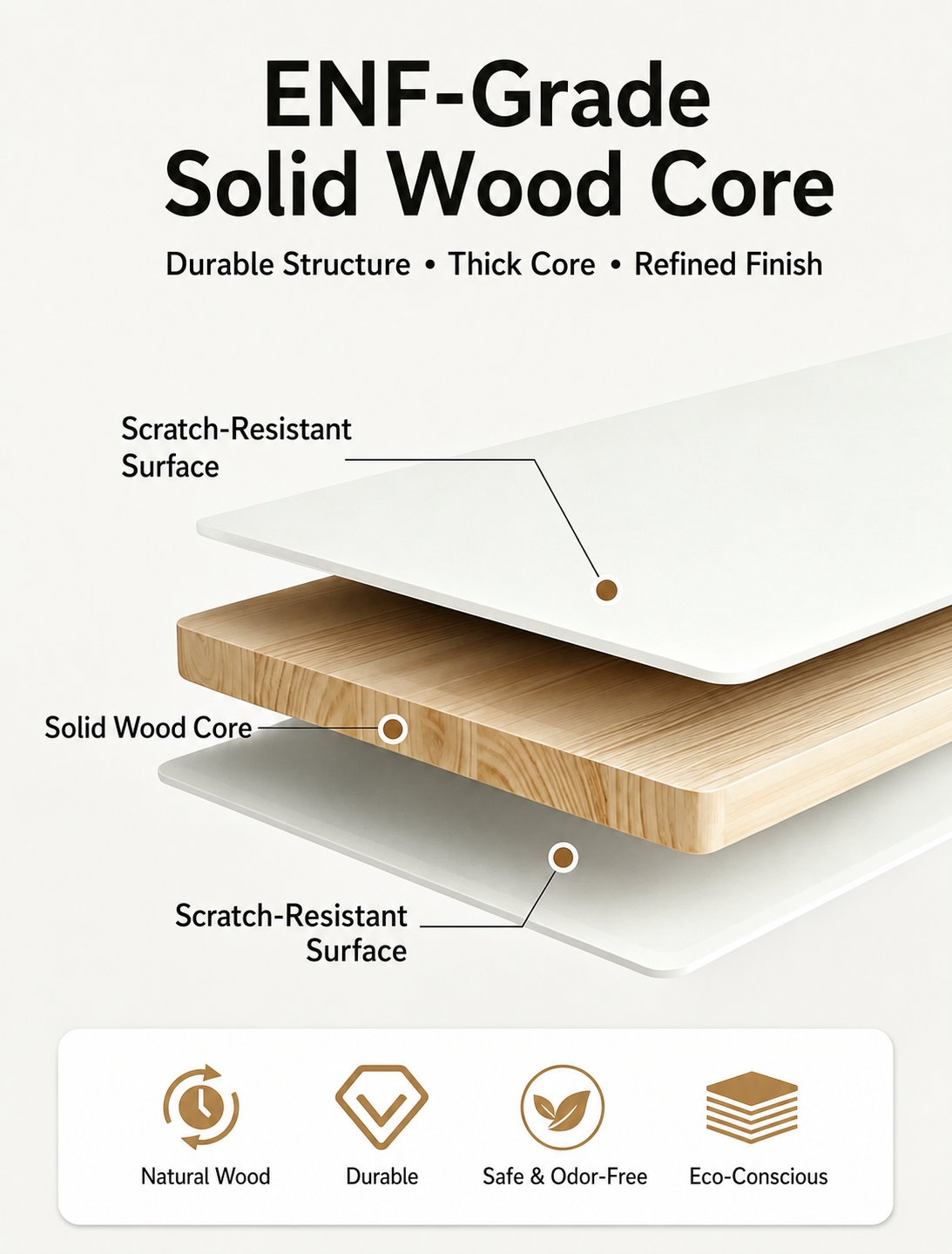 ENF-grade white solid wood core and scratch-resistant surfaces