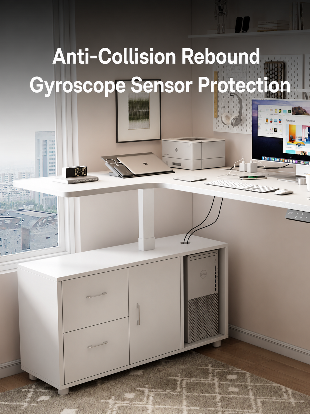 L-shaped standing desk with anti-collision gyroscope sensor protection
