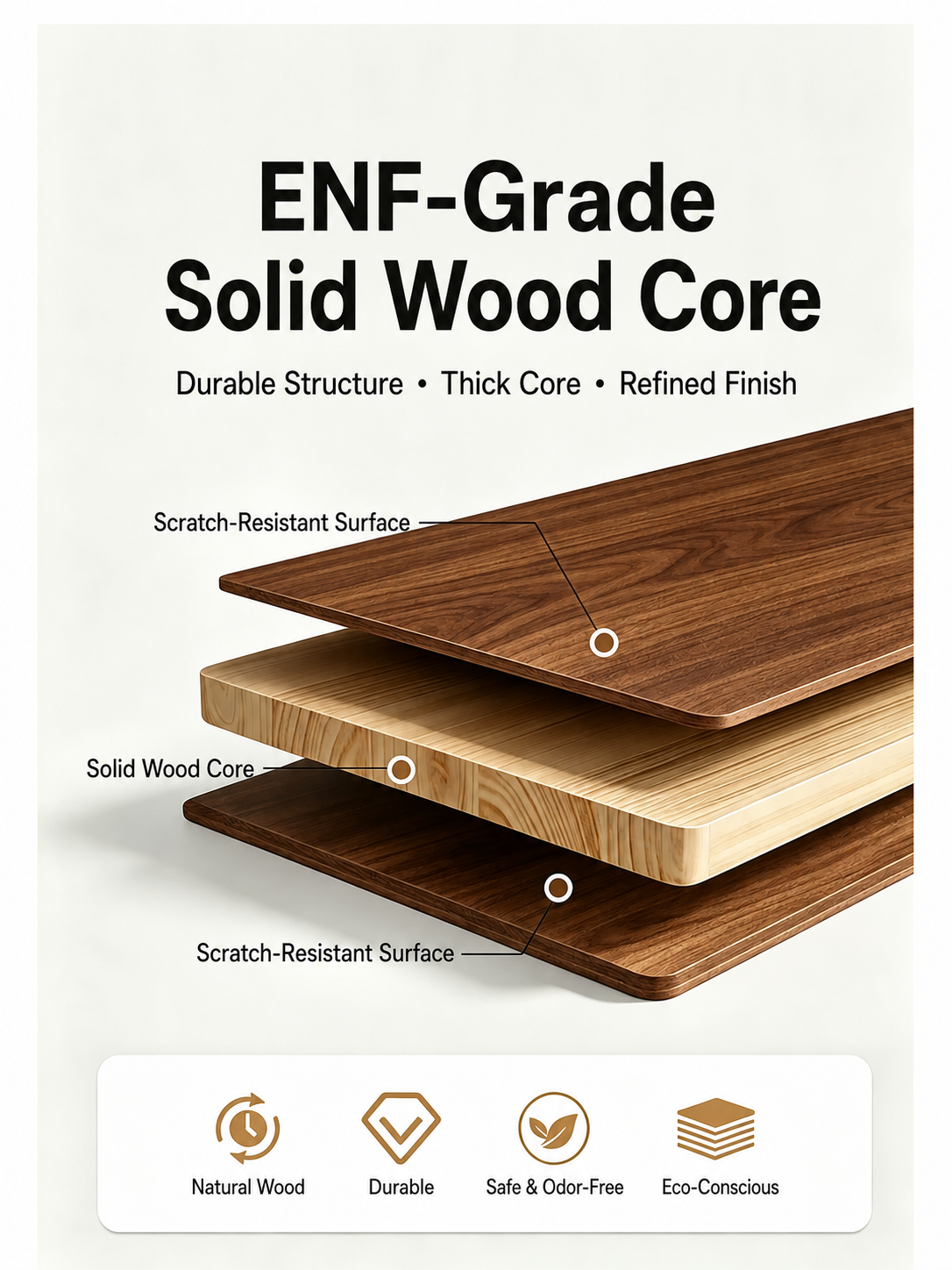 ENF-grade walnut solid wood core and scratch-resistant surfaces