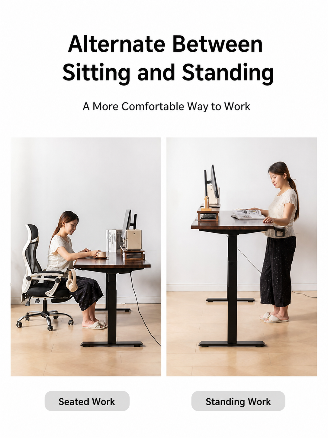 Electric standing desk for seated and standing work
