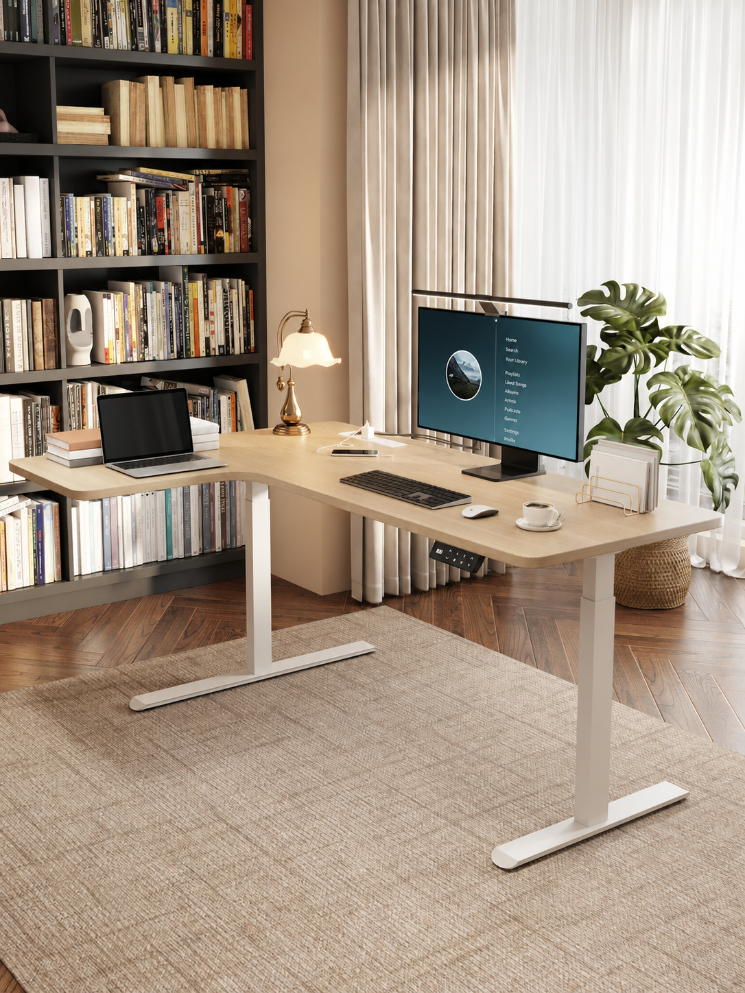 Height-adjustable L-shaped desk for study and home office