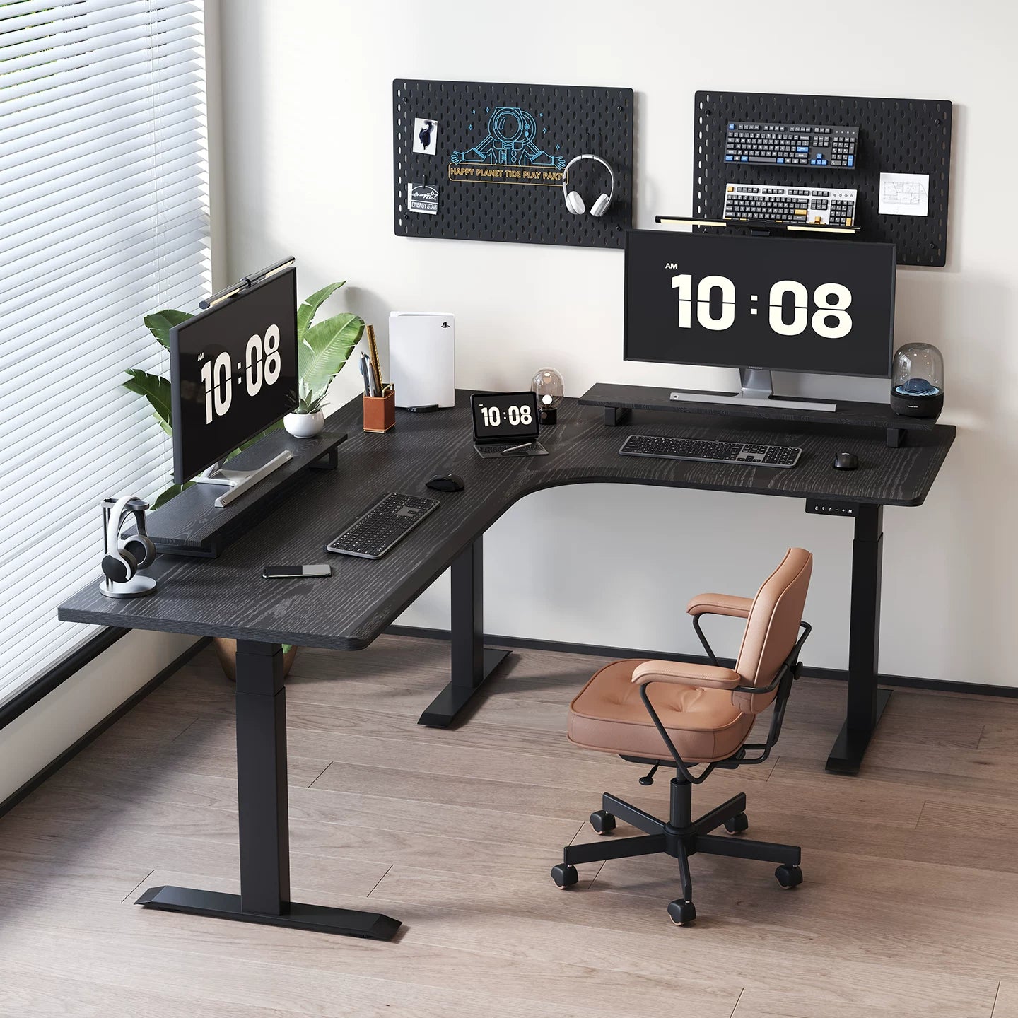 Solid wood corner standing desk with storage and monitor setup