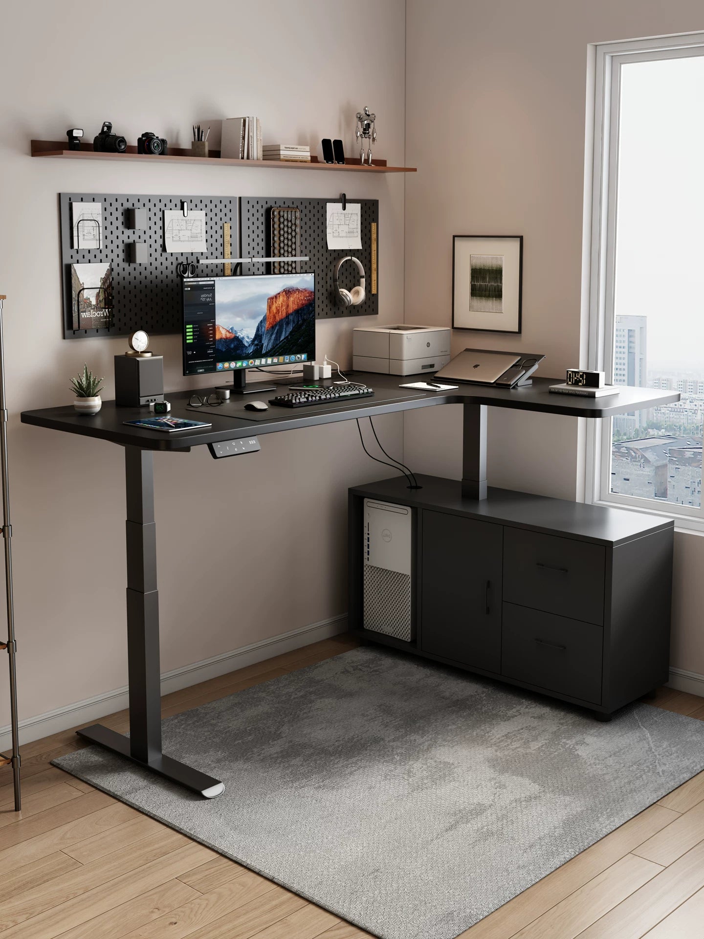 L-shaped electric standing desk in a modern home office