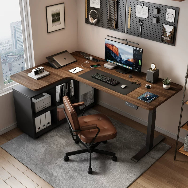 Solid wood L-shaped sit-stand desk configured for a spacious workstation