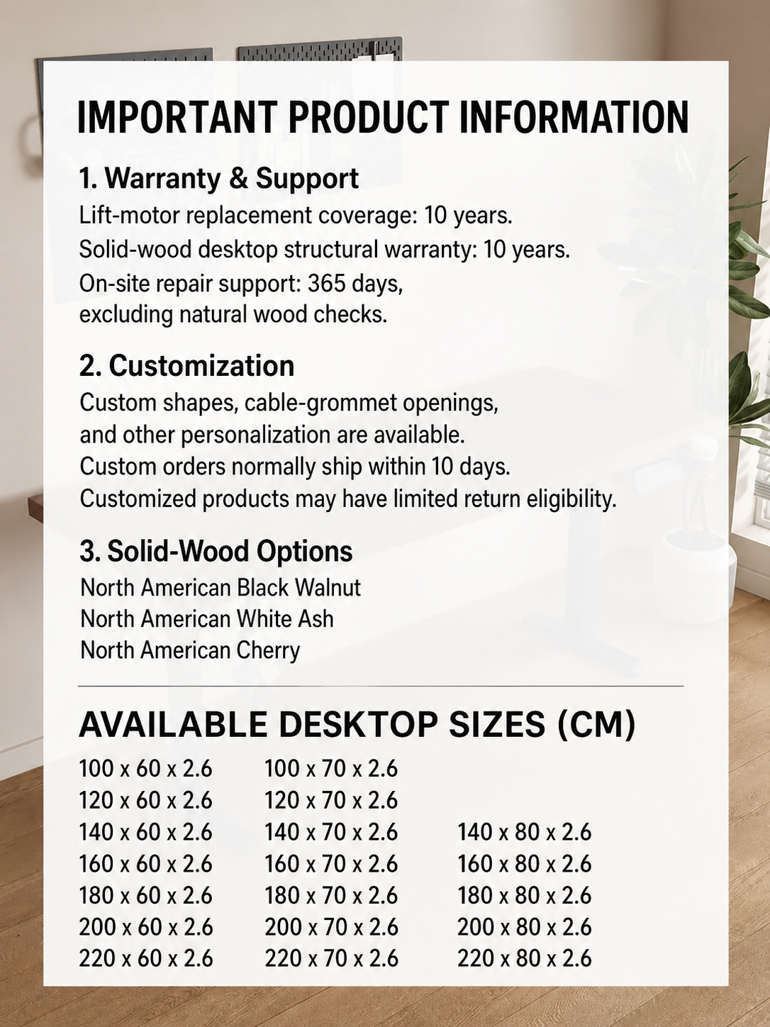 Important product information for the solid wood standing desk