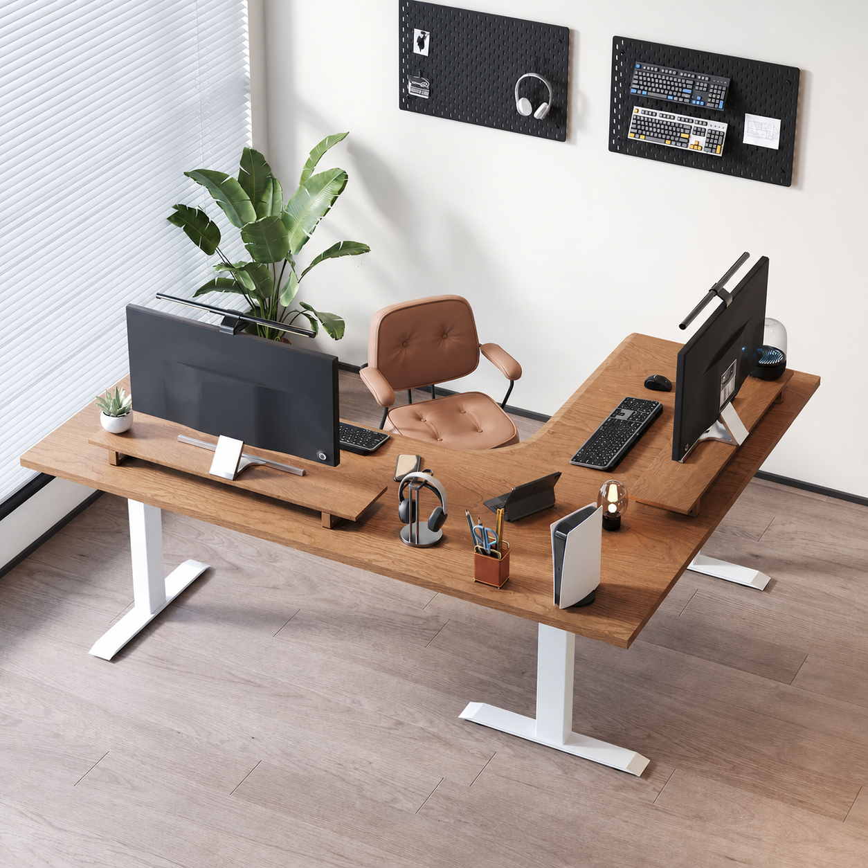 Large L-shaped sit-stand workstation with ergonomic office chair