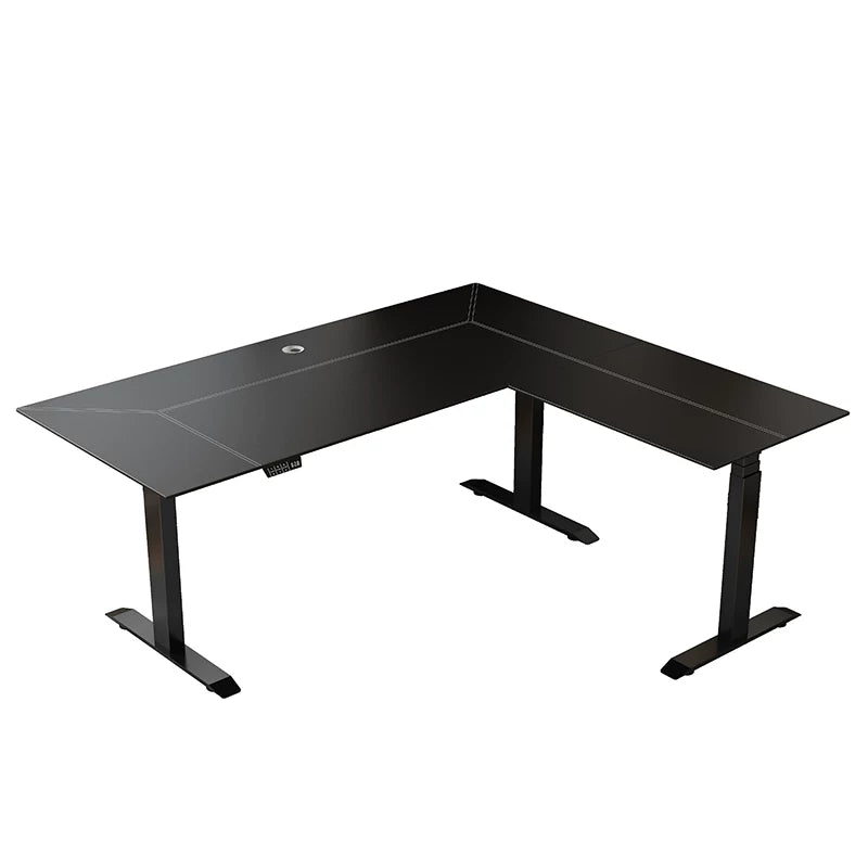 Black L-shaped sit-stand desk detail