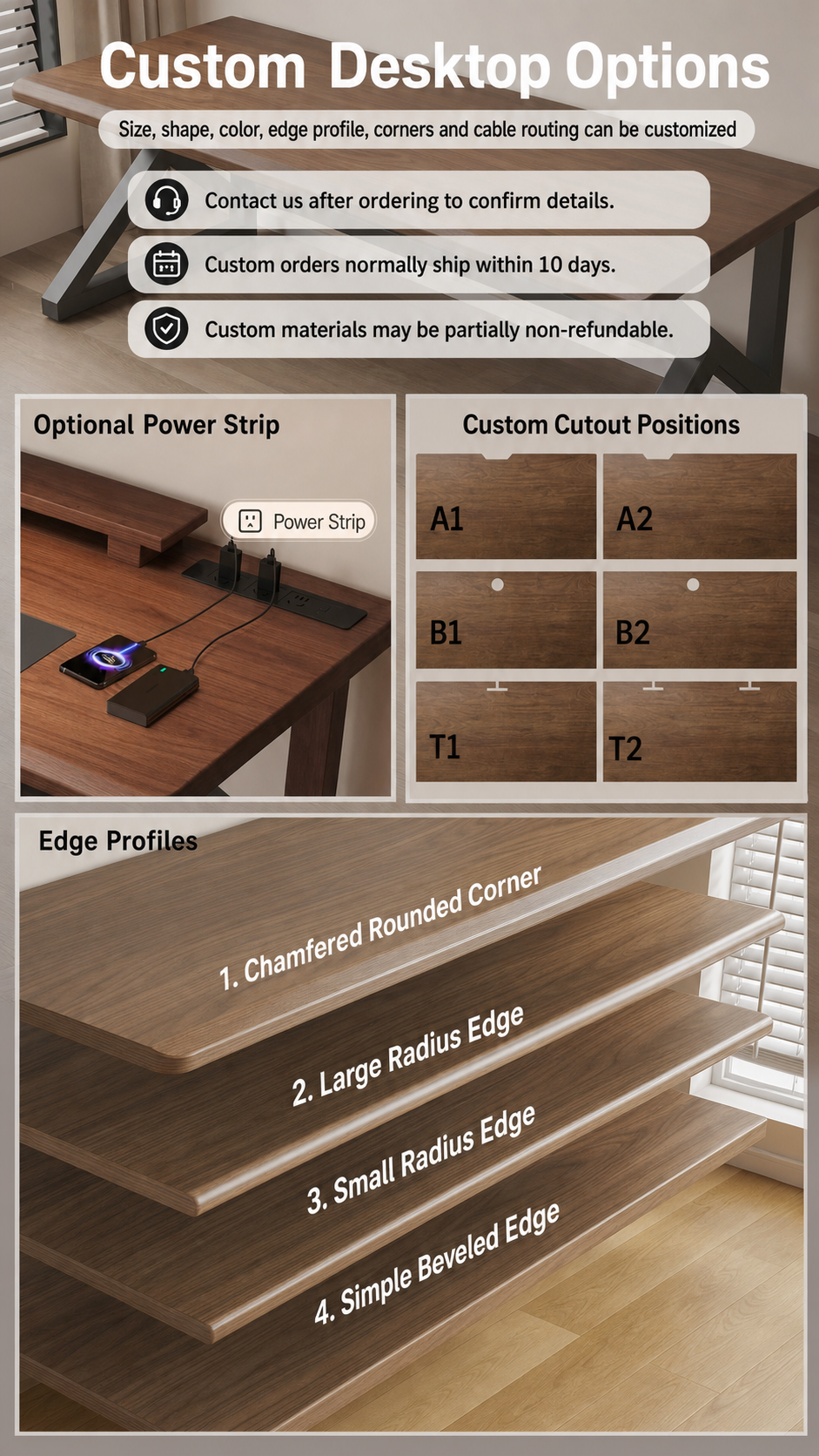 Custom desktop edge profiles and cable-routing options