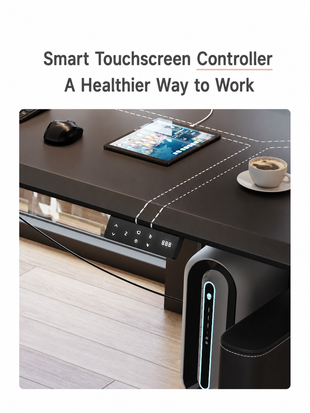 Smart touchscreen controller on an L-shaped electric standing desk