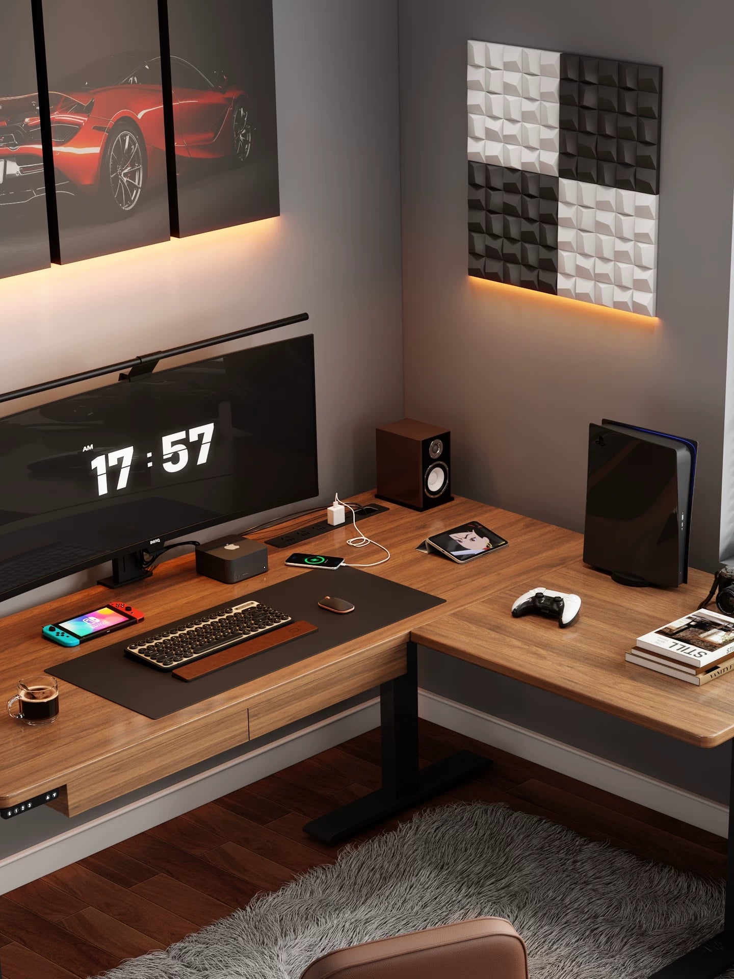 Walnut finish L-shaped electric standing desk workstation