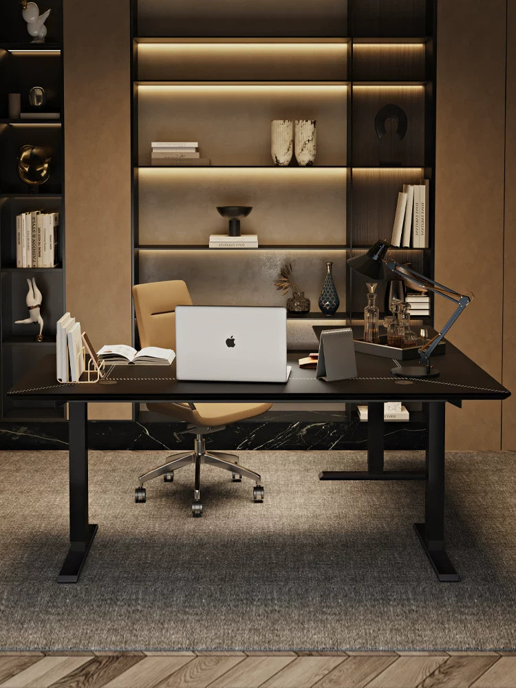 Front view of a black saddle leather L-shaped standing desk
