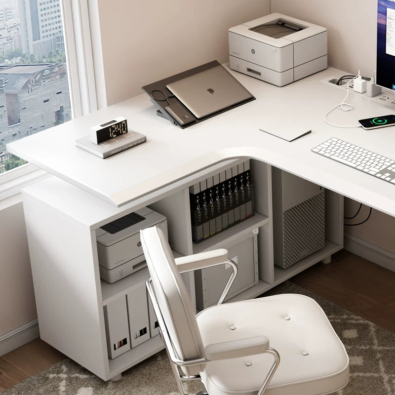 L-shaped standing desk with integrated return-side storage