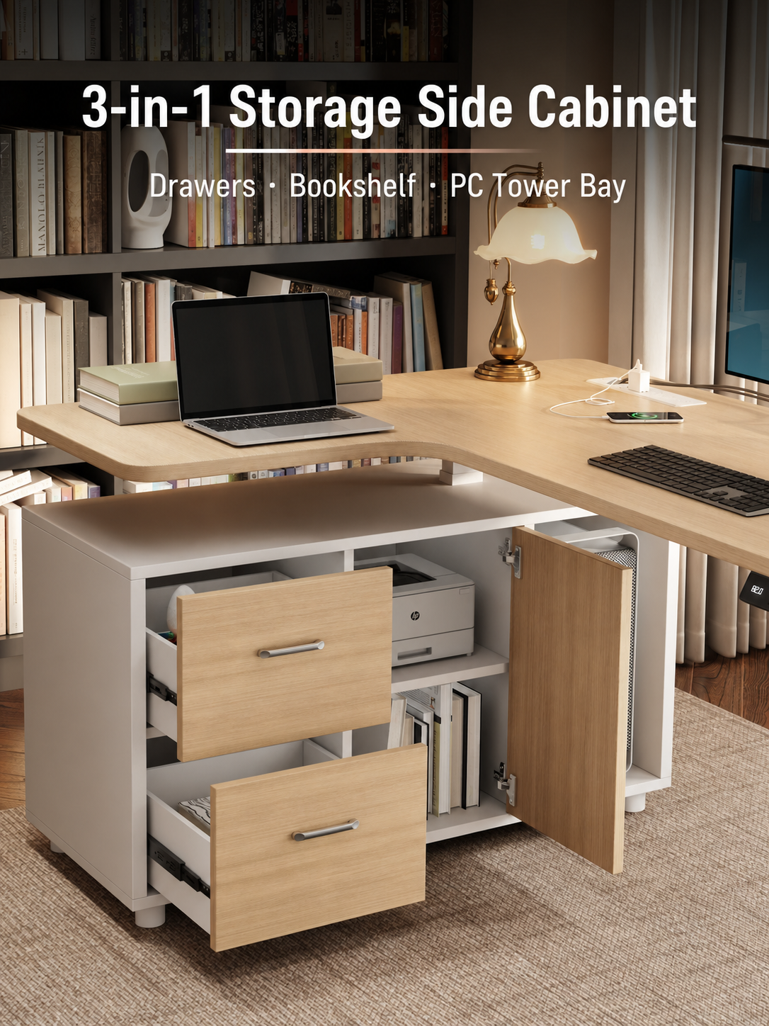 Three-in-one storage side cabinet with drawers bookshelf and PC tower bay