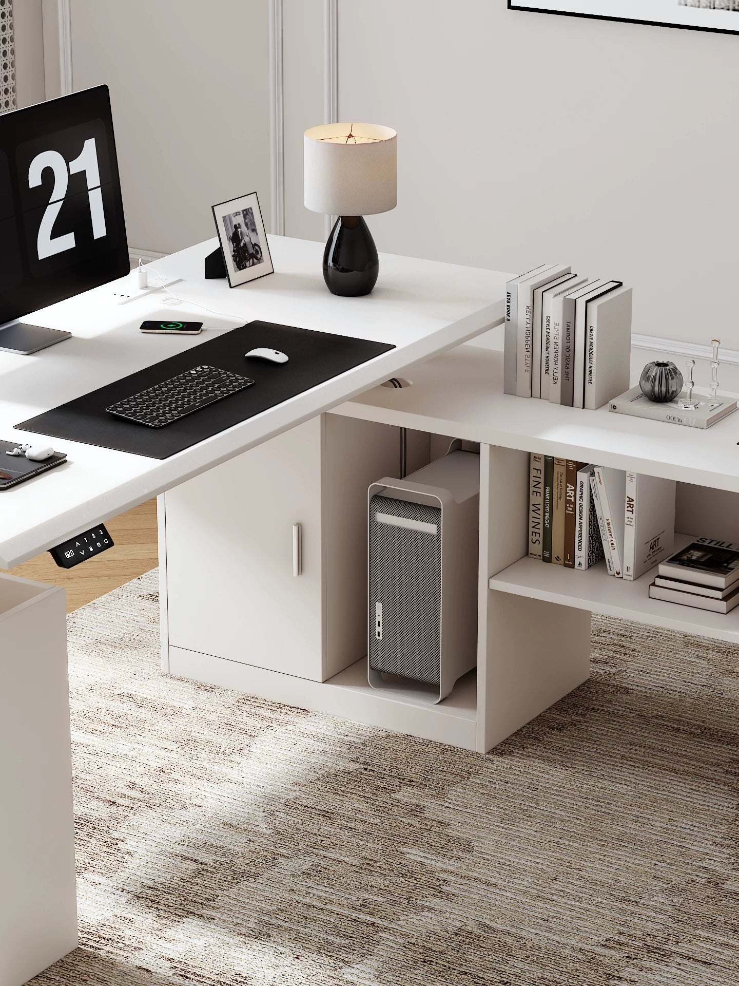 Integrated storage cabinet under a white L-shaped standing desk