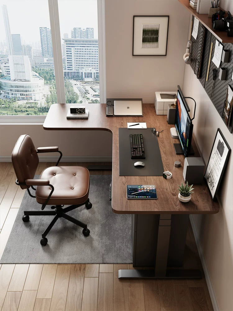 Dual-motor L-shaped standing desk with office accessories
