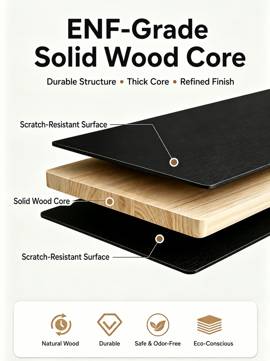 ENF-grade solid wood desktop core and scratch-resistant surfaces