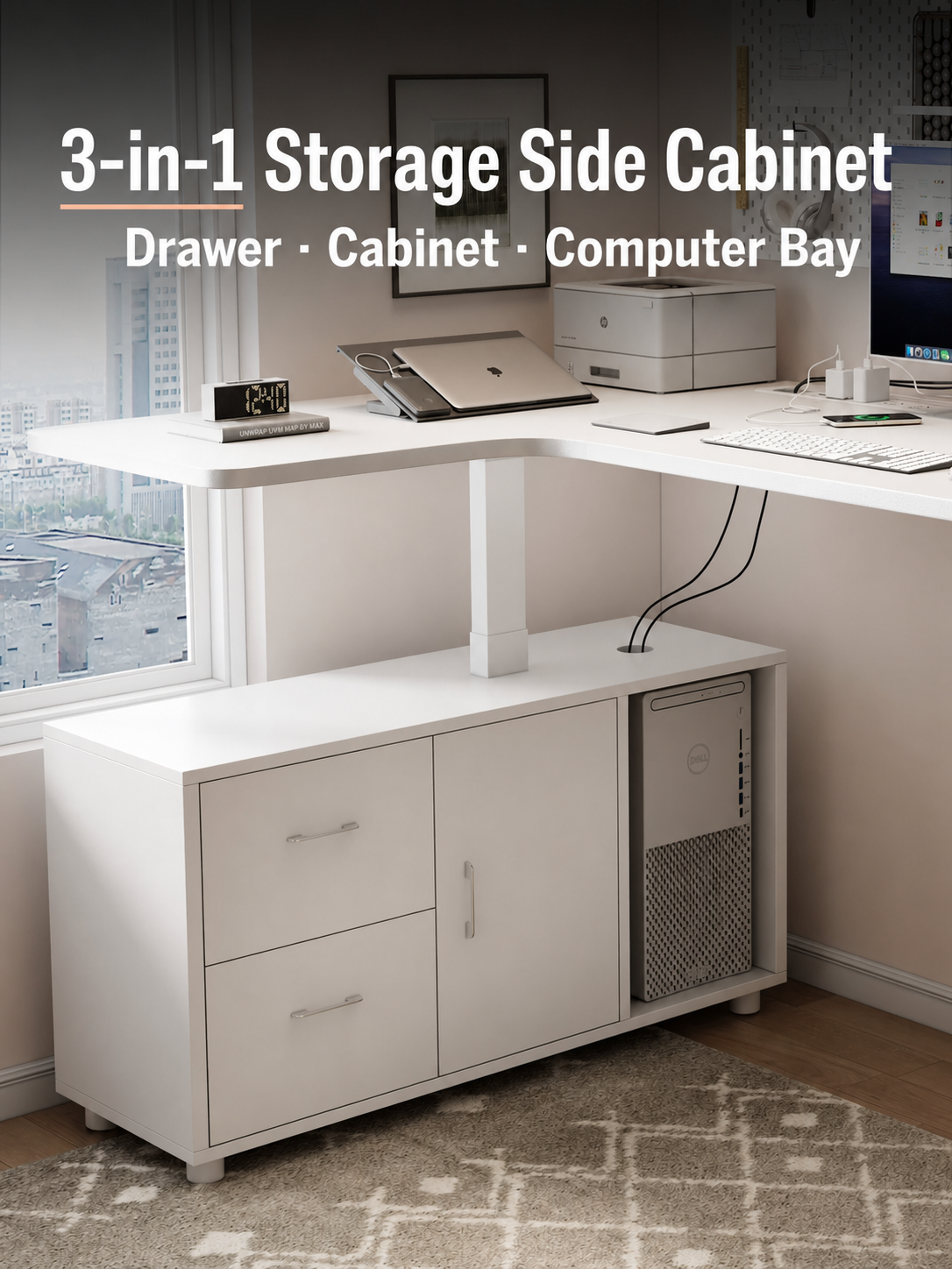Three-in-one storage side cabinet with drawer cabinet and computer bay
