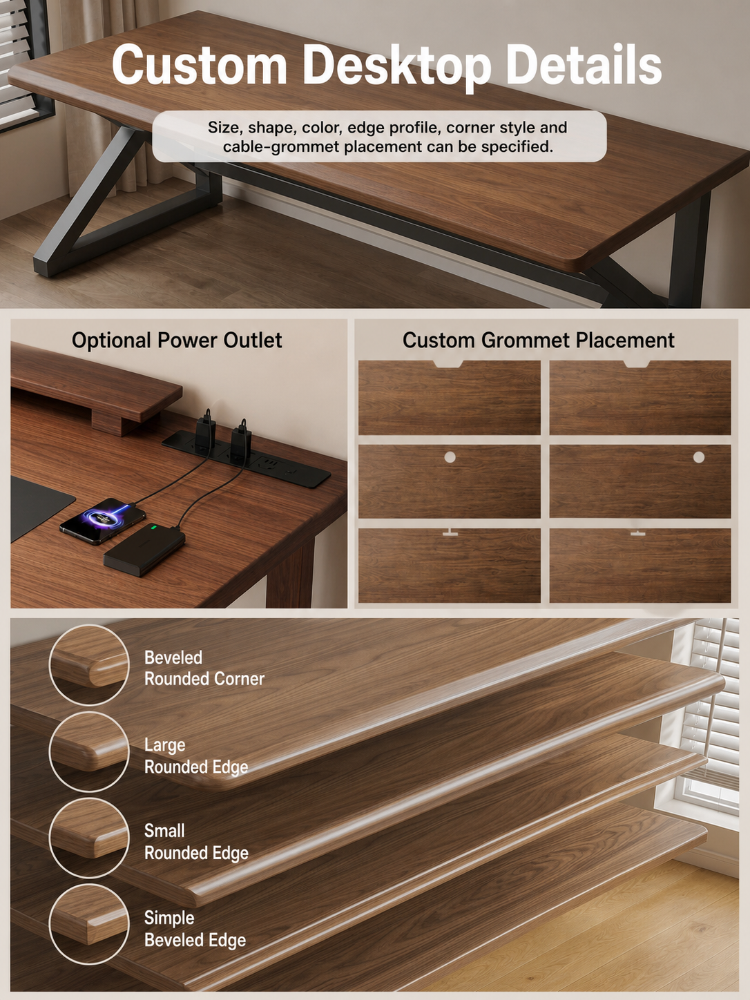 Custom solid wood desktop edge profiles and cable-grommet placement