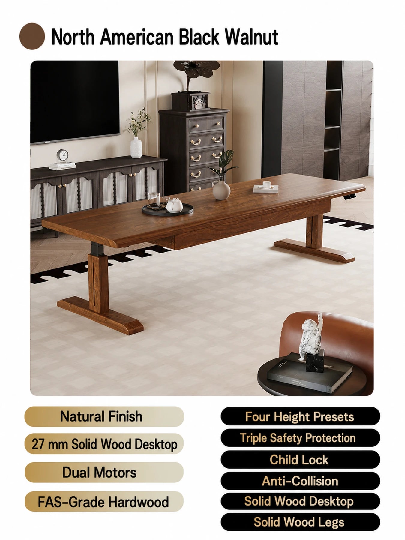 MCT10 black walnut electric standing desk in natural finish