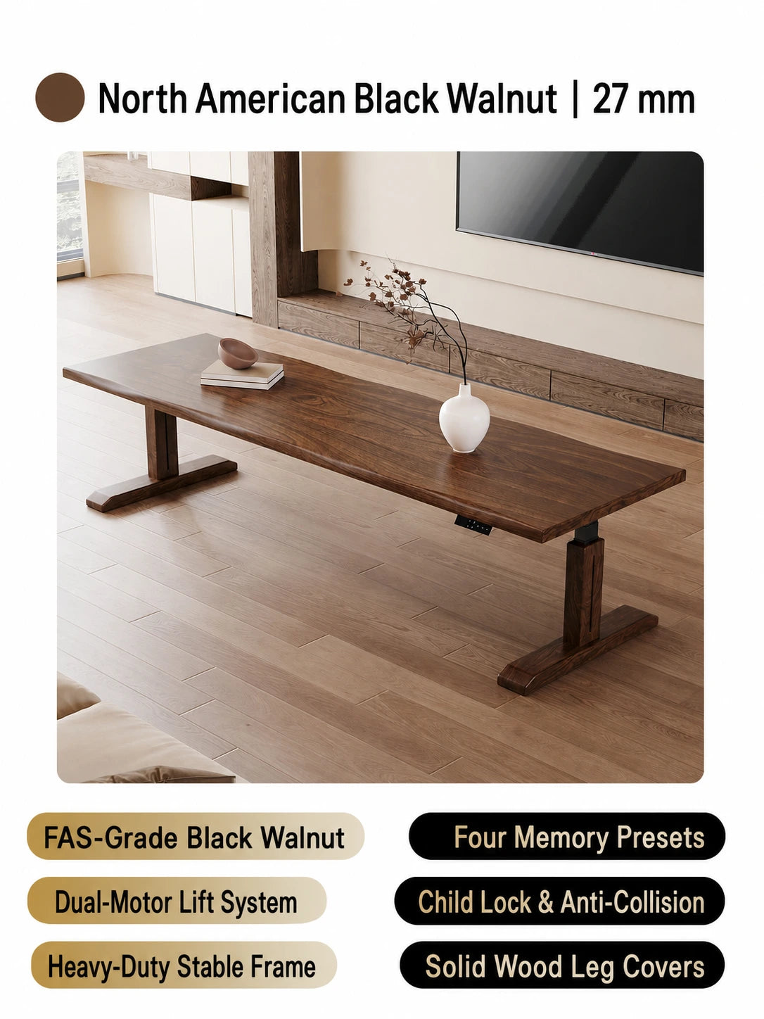 MCT26 black walnut electric standing desk with 27 mm desktop