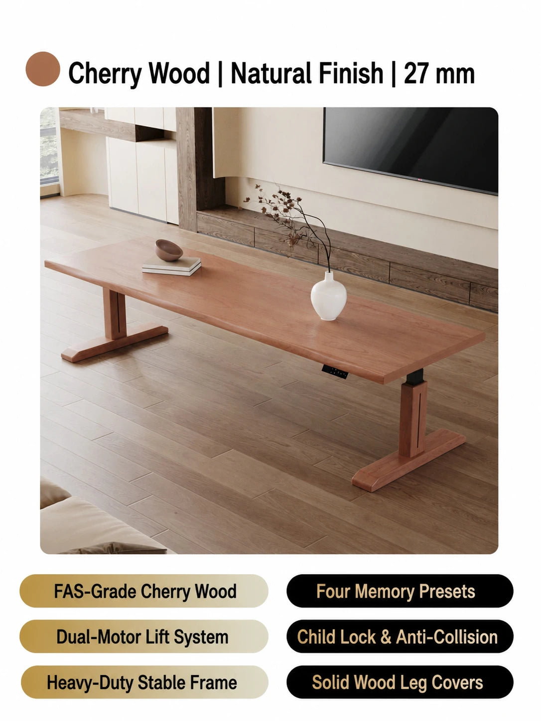 MCT26 natural cherry wood electric standing desk with 27 mm desktop
