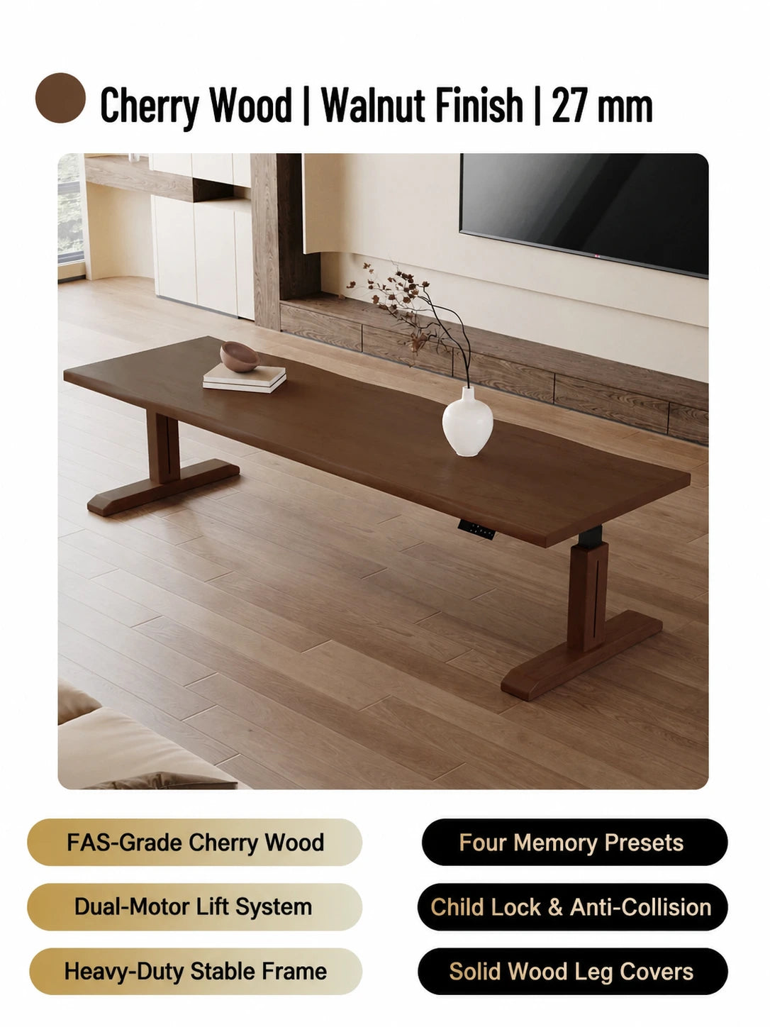 MCT26 cherry wood electric standing desk in walnut finish