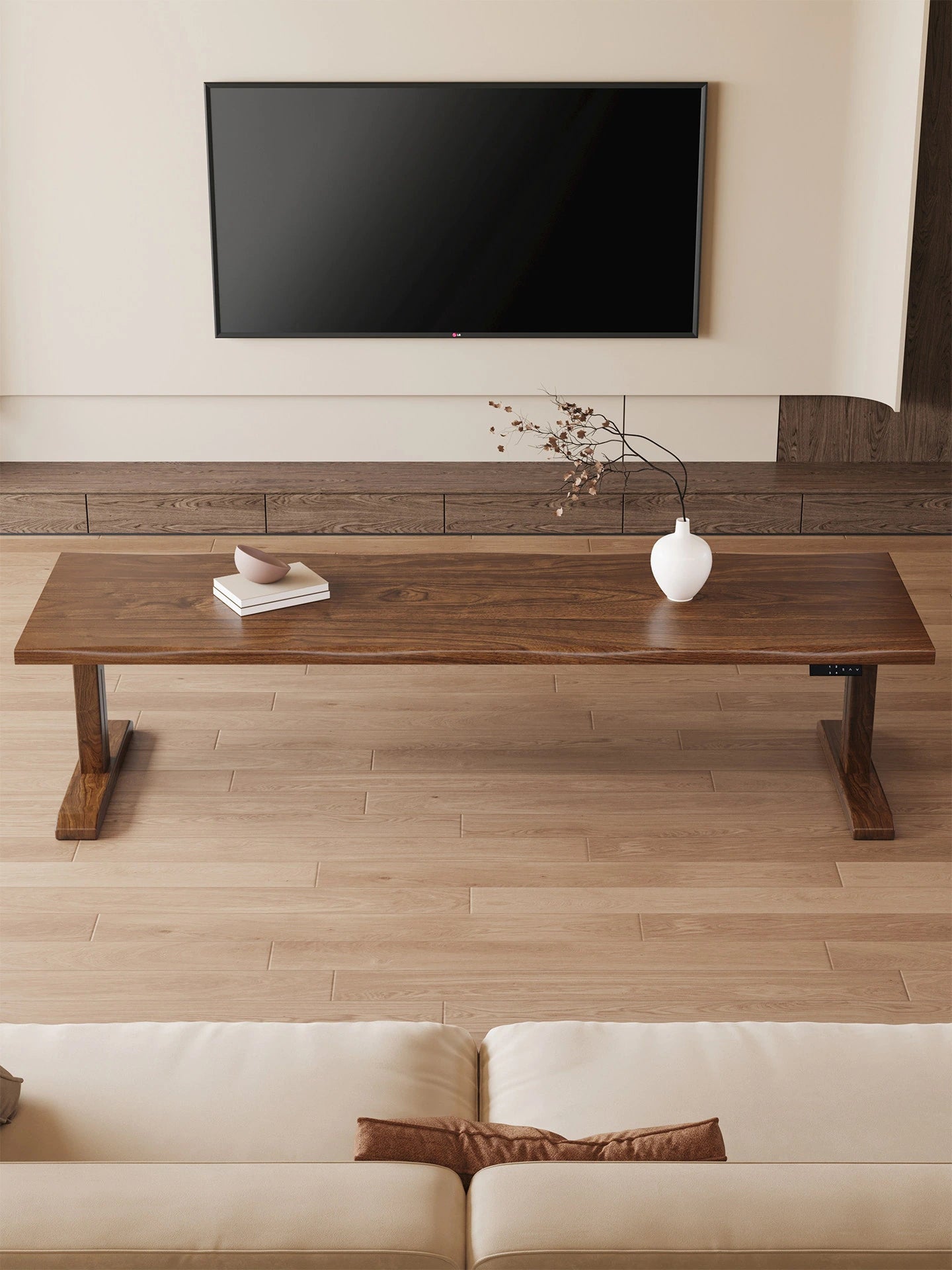 MCT26 solid wood electric standing desk in a modern living room