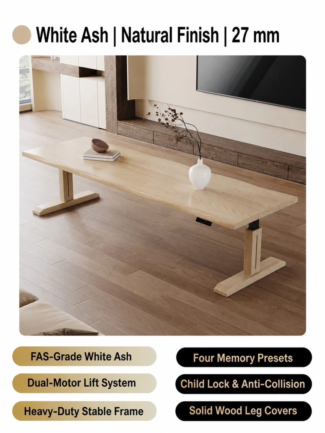 MCT26 natural white ash electric standing desk with 27 mm desktop