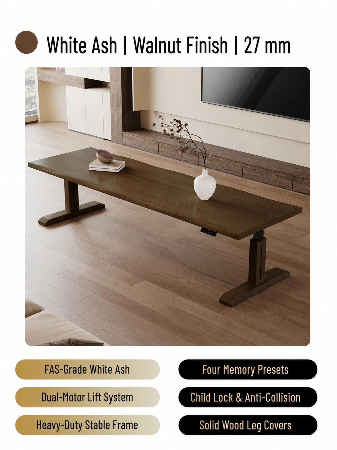 MCT26 white ash electric standing desk in walnut finish