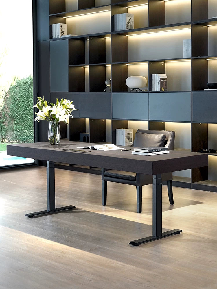 Minimal Italian dual motor standing desk in a modern home office