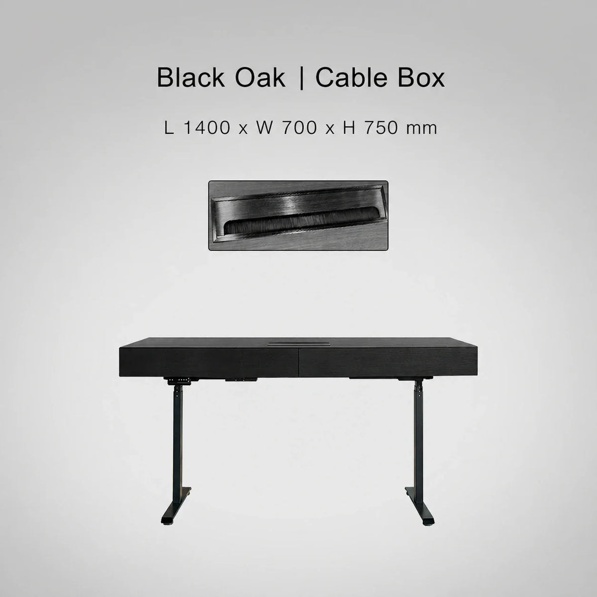 Minimal Italian electric standing desk with cable box, black oak finish, 1400 x 700 x 750 mm