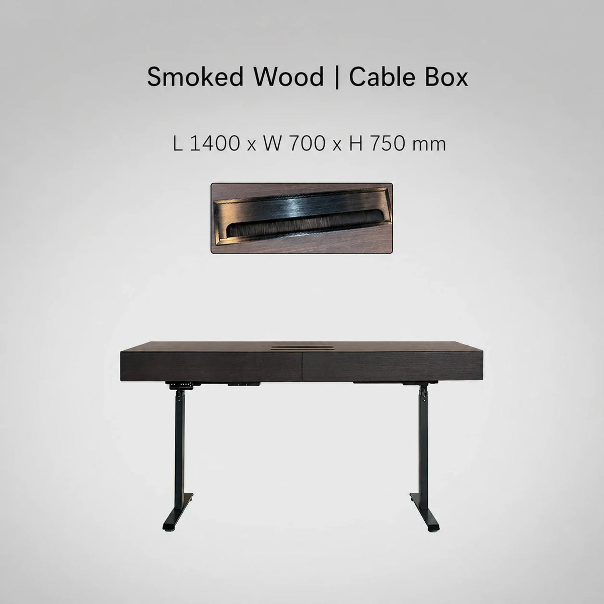 Minimal Italian electric standing desk with cable box, smoked wood finish, 1400 x 700 x 750 mm