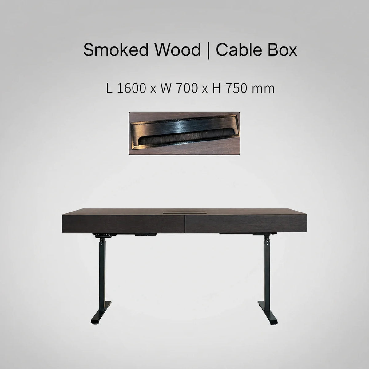 Minimal Italian electric standing desk with cable box, smoked wood finish, 1600 x 700 x 750 mm