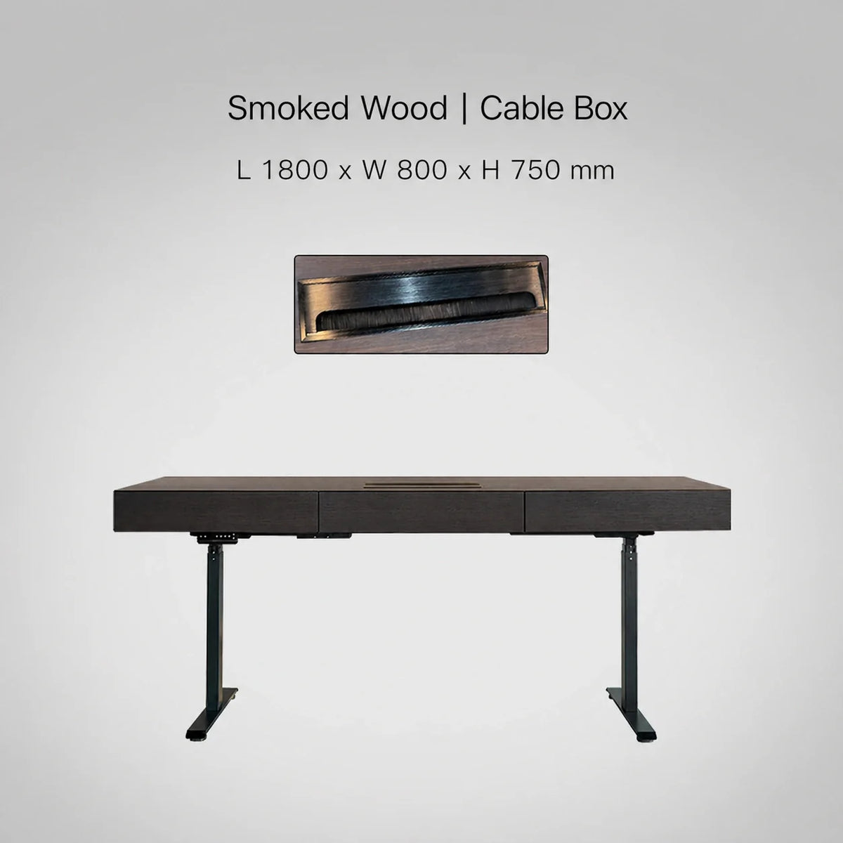 Minimal Italian electric standing desk with cable box, smoked wood finish, 1800 x 800 x 750 mm