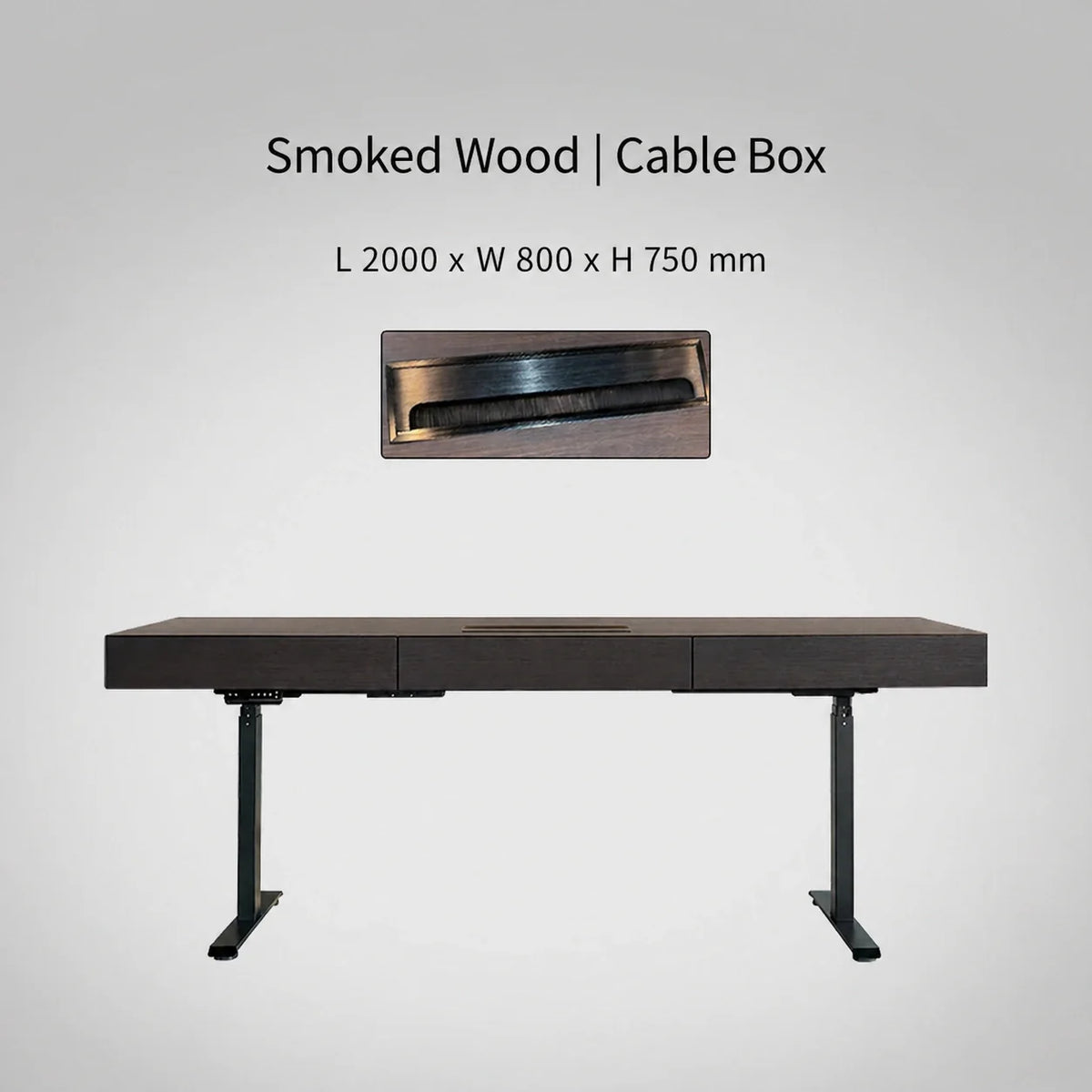 Minimal Italian electric standing desk with cable box, smoked wood finish, 2000 x 800 x 750 mm