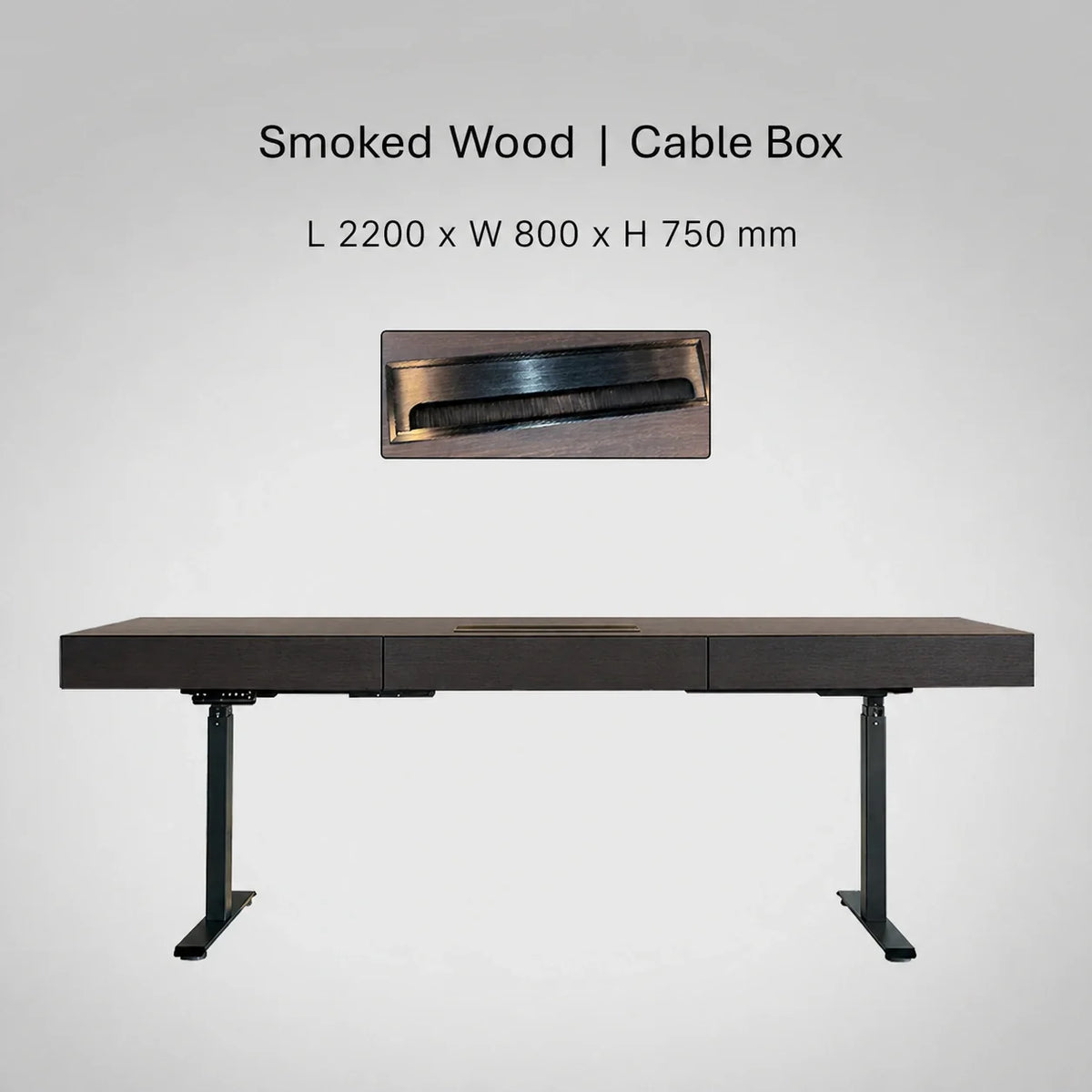 Minimal Italian electric standing desk with cable box, smoked wood finish, 2200 x 800 x 750 mm
