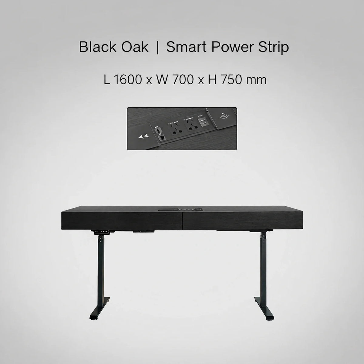 Minimal Italian electric standing desk with smart power strip, black oak finish, 1600 x 700 x 750 mm
