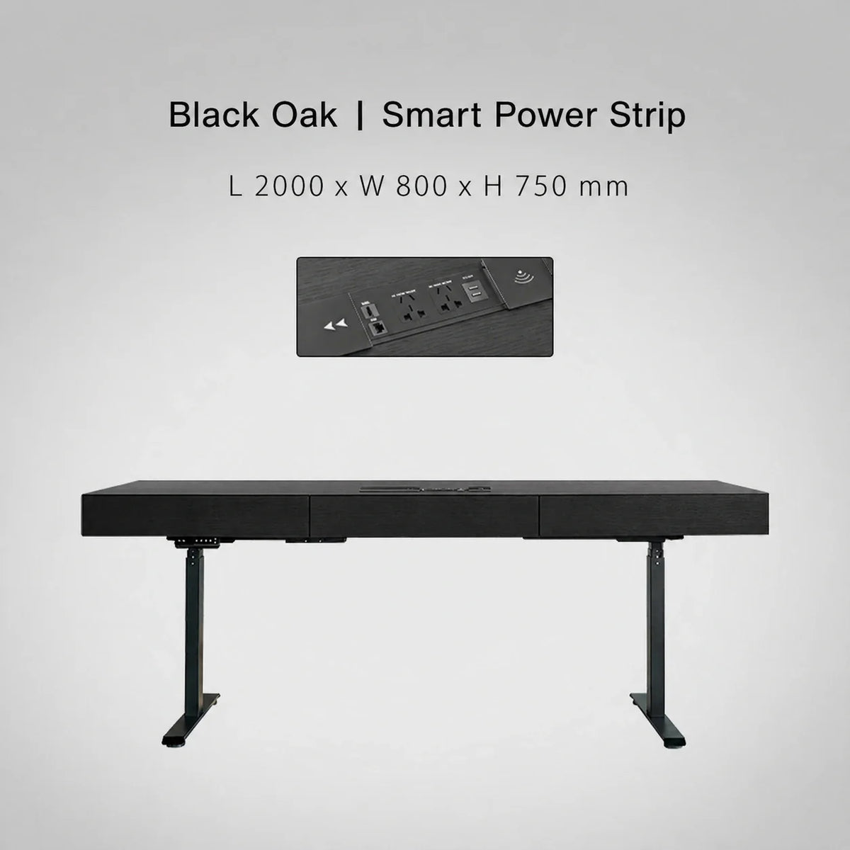 Minimal Italian electric standing desk with smart power strip, black oak finish, 2000 x 800 x 750 mm