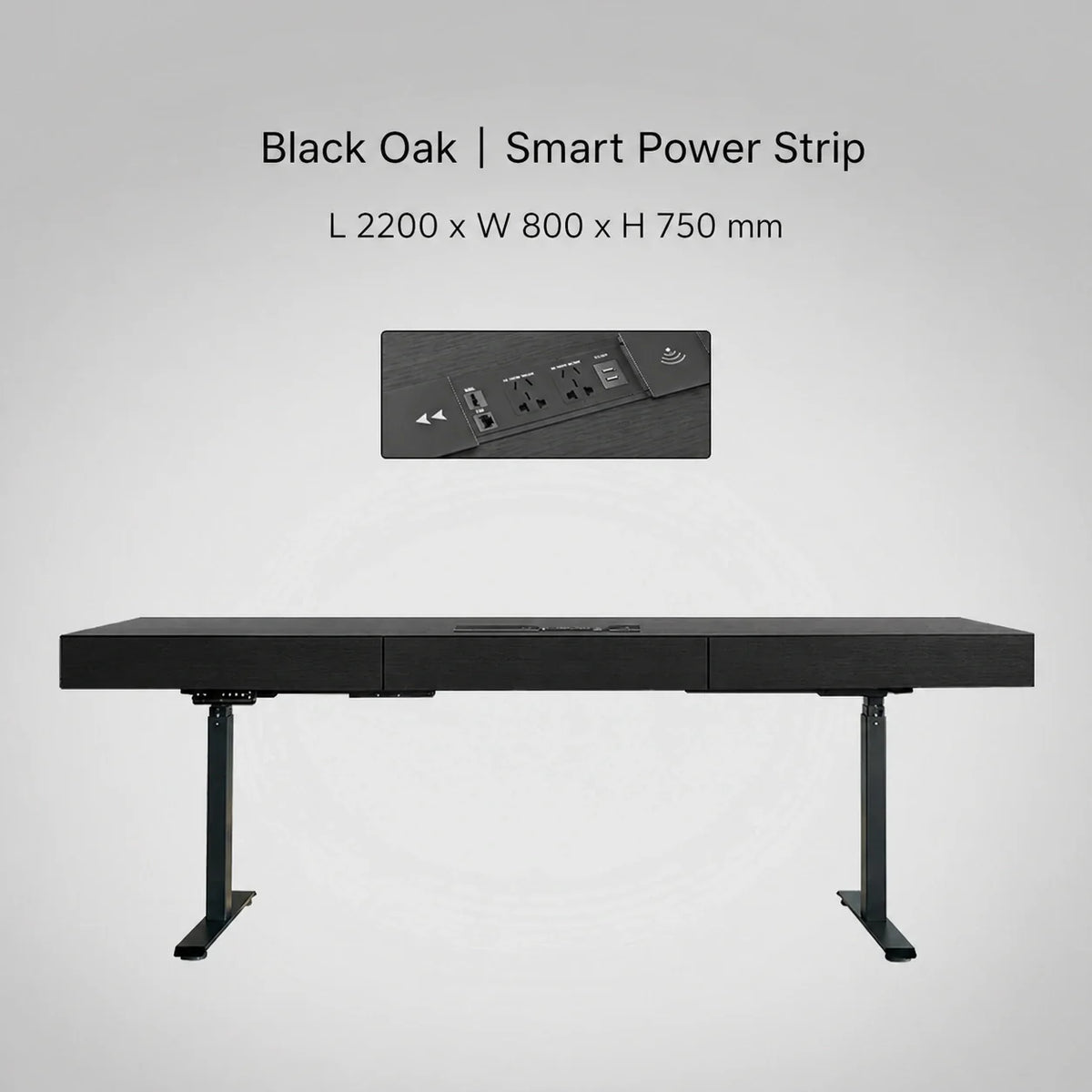 Minimal Italian electric standing desk with smart power strip, black oak finish, 2200 x 800 x 750 mm