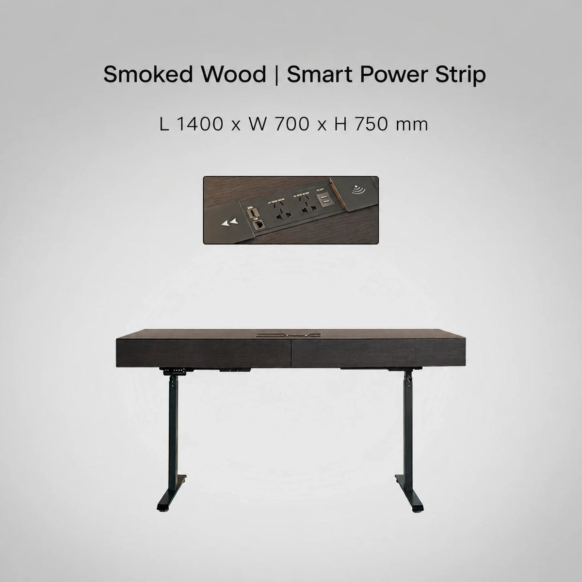 Minimal Italian electric standing desk with smart power strip, smoked wood finish, 1400 x 700 x 750 mm