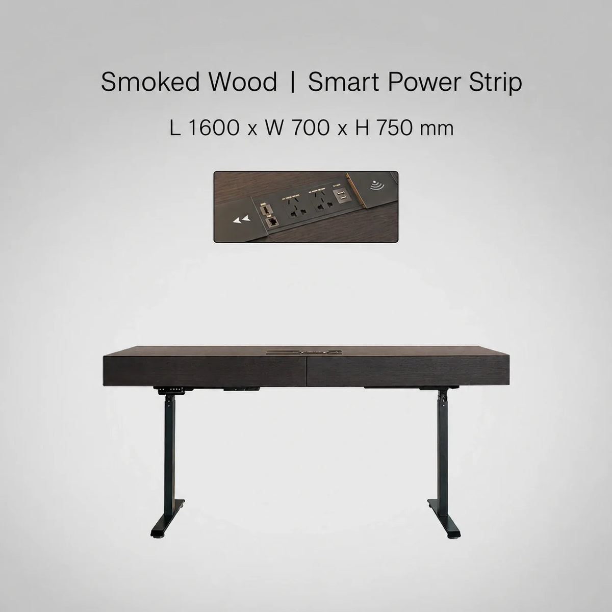 Minimal Italian electric standing desk with smart power strip, smoked wood finish, 1600 x 700 x 750 mm