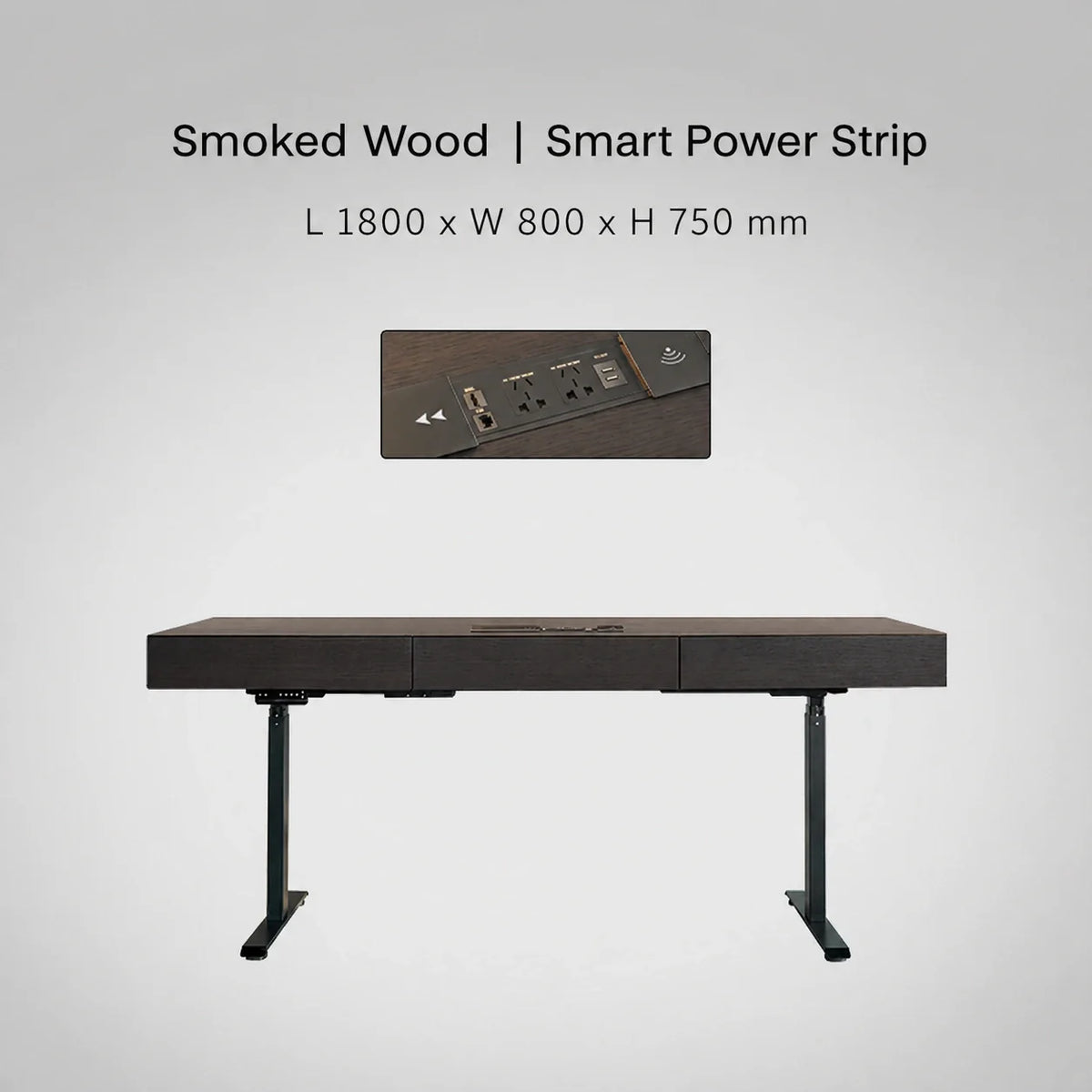 Minimal Italian electric standing desk with smart power strip, smoked wood finish, 1800 x 800 x 750 mm