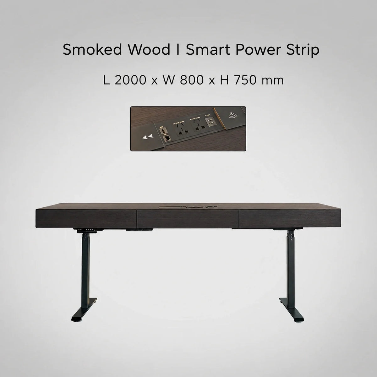 Minimal Italian electric standing desk with smart power strip, smoked wood finish, 2000 x 800 x 750 mm