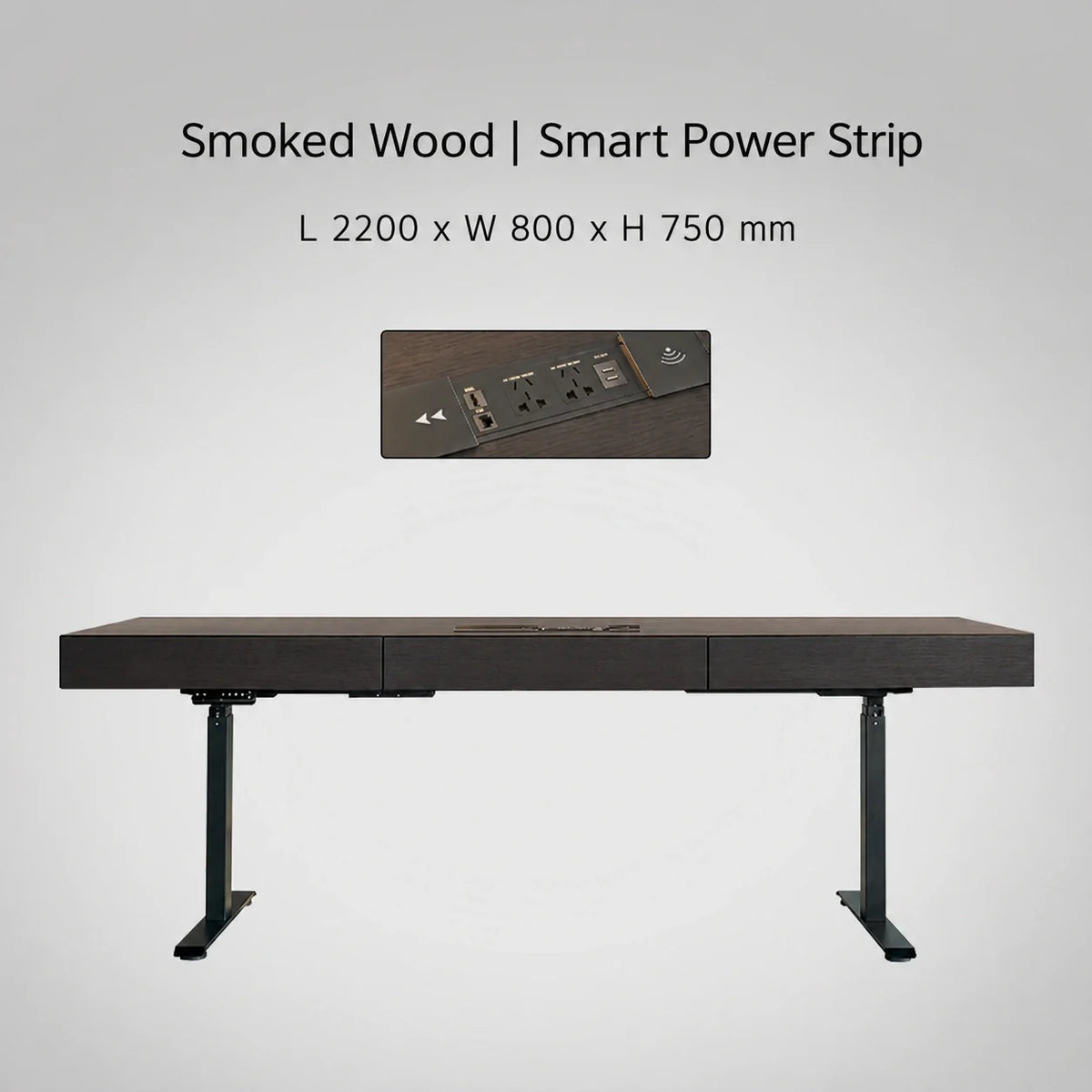 Minimal Italian electric standing desk with smart power strip, smoked wood finish, 2200 x 800 x 750 mm