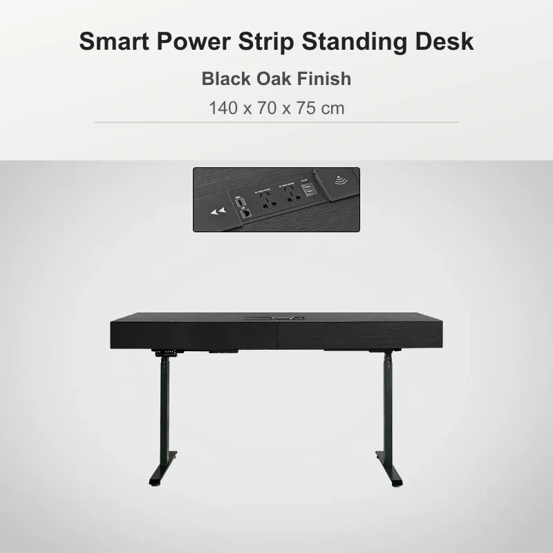 Smart power strip standing desk 140 x 70 x 75 cm in black oak