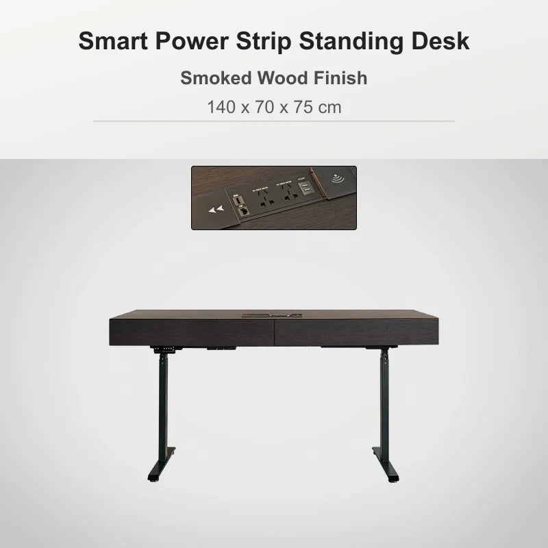 Smart power strip standing desk 140 x 70 x 75 cm in smoked wood