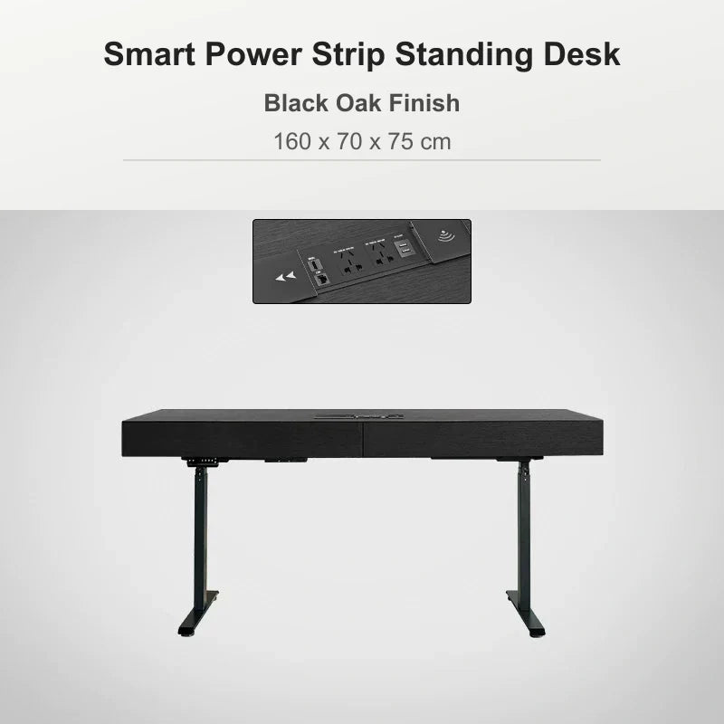 Smart power strip standing desk 160 x 70 x 75 cm in black oak