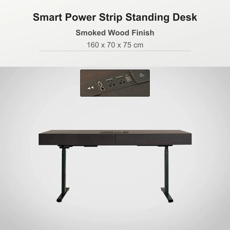 Smart power strip standing desk 160 x 70 x 75 cm in smoked wood