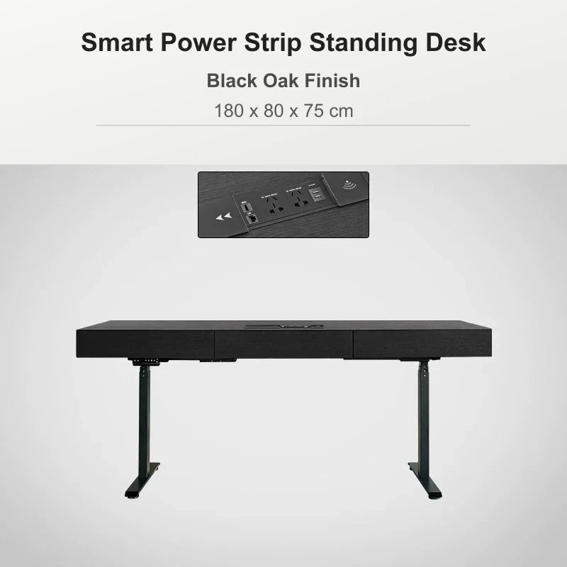 Smart power strip standing desk 180 x 80 x 75 cm in black oak