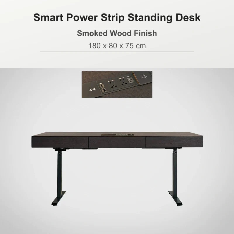 Smart power strip standing desk 180 x 80 x 75 cm in smoked wood